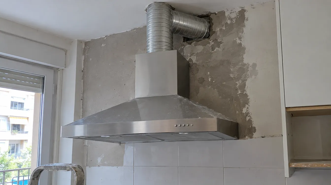 Campana extractora de acero recién instalada con el conducto metálico entrando en la pared, en una cocina en obra